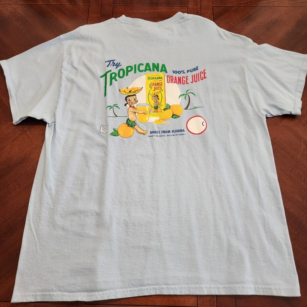 Tropicana Summer Promo Ad Blue Dual Sided T Shirt Orange Juice Size XL Hawaii